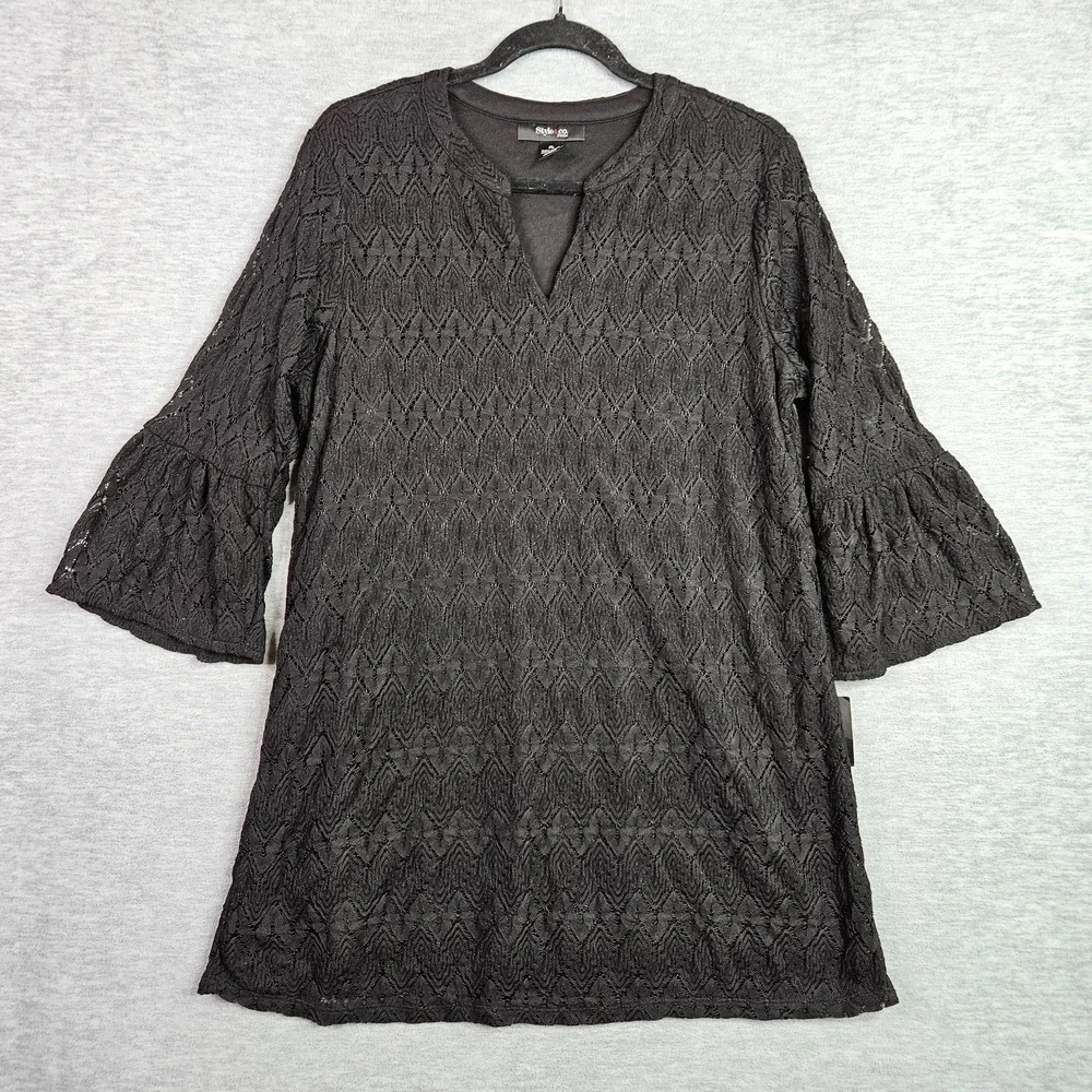 Style & Co Women's Petite Size PL Black Lace Tunic Top Bell Sleeve NWT